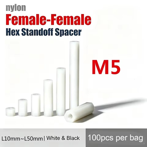 PCB Spacer M5 Nylon Hex Standoff Female Female Hexagonal Circuit Board Support PA66 RoHS Insulation White Black L10mm-L50mm