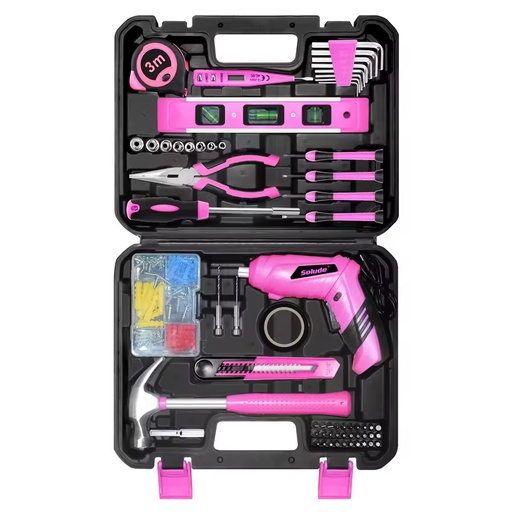 Solude 130pcs 3.6v Mini Cordless Screwdriver Multi-function Hammer Knife Pink Household Home Women Hand Tool Set