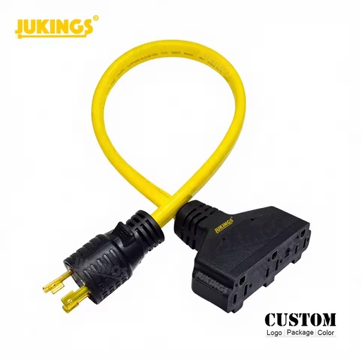 Nema L5-30P to 5-15R 2FT Construction Power Cord 3-Outlets 10/3 SJTW Wire IP54 125V 15A Yellow Flat Extension Cord PVC Jacket