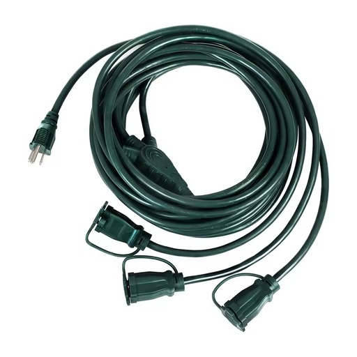 25 Ft Green Copper/PVC Outdoor Power Cord Extension 3 Outlets 125V 13A 3 Plug Safety Cover 16/3 SJTOW Weatherproof Wire