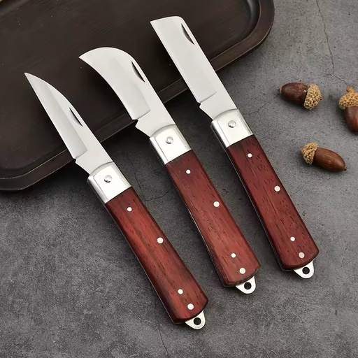 Pear Wood Handle Safety Grafting Pocket Knife High Hardness Stainless Steel Folding Knife for Gardening Plant Propagation