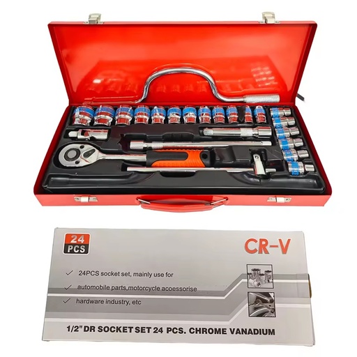 24-Piece Carbon Steel Hand Mechanic Tools Red Iron Box Set Hard Case OEM Customized Car Repair Tool Box Ratchet Wrench Socket