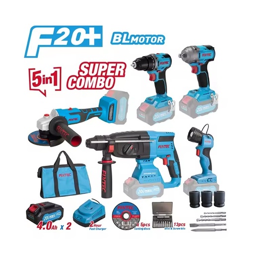 FIXTEC Industrial Grade Power Tool Set 20V Cordless Brushless Combo Kit 5 in 1 Drill Angle Grinder Rotary Hammer Impact Wrench