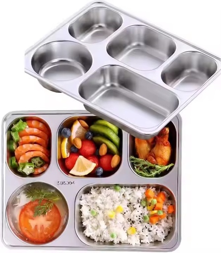 304 Stainless Steel Compartmented Fast Food Plates 3-4-5 Compartments Indonesian Separated Lunch Boxes and Trays