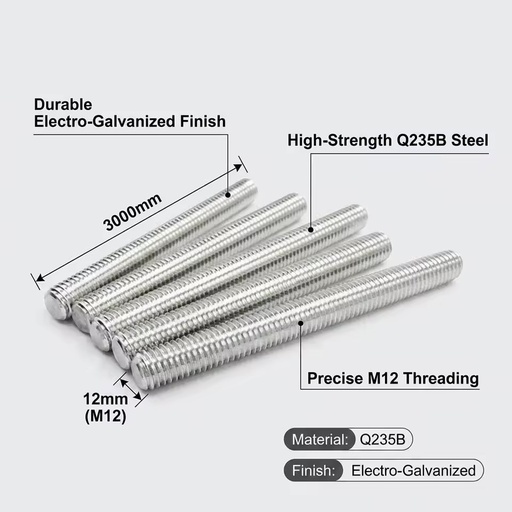 Q235B Carbon Steel M12 Right Hand Electro Galvanized Fully Threaded Rod for Solar Bracket Ceiling Suspension