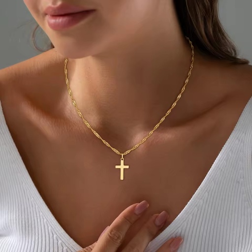 Waterproof Non Tarnished 18K PVD Gold Stainless Steel Cross-shaped Classic Timeless Necklace for Women