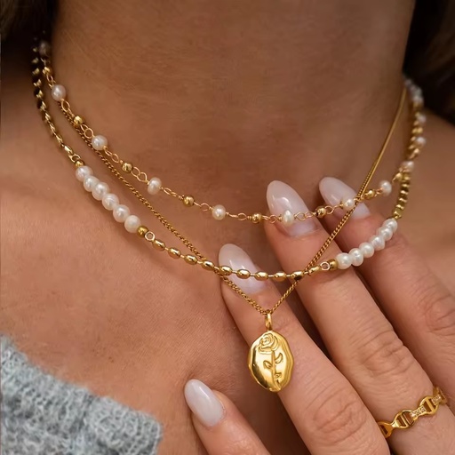 Fresh Water Pearl Choker Necklace Women Jewelry Tarnish Free 18K Gold Plated Stainless Steel Chain Layered Necklace