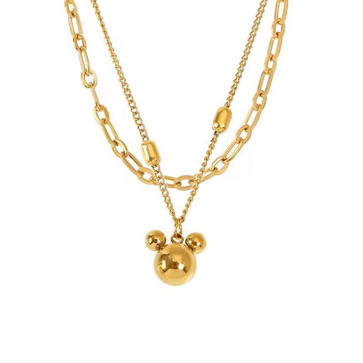 Fanhua Jewelry Mickey Pendant Double Layered Necklace Sweet Stainless Steel Plated 18K Gold Jewelry