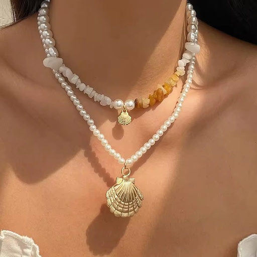Fanhua Jewelry Gold Plated Summer Beach Holiday Chunky Big StarfIsh Shell Pearl Beaded Multi-layer Necklace Jewelry