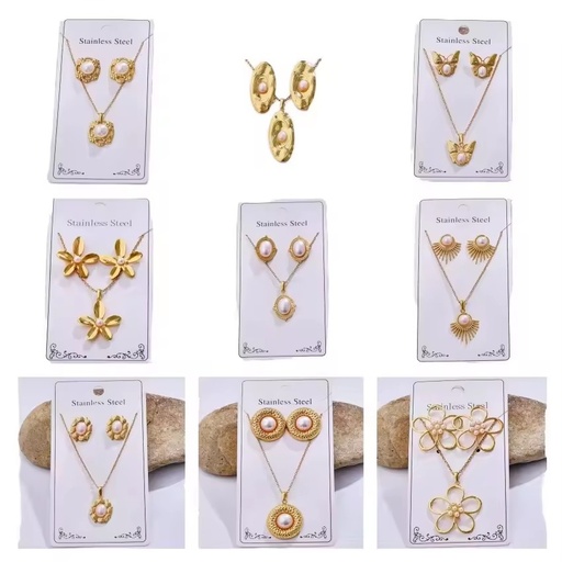 TZ052 Women's Stainless Steel Gold Plated Pearl Necklace and Earring Set Flower Butterfly Irregular Circular Pendant for Gifts