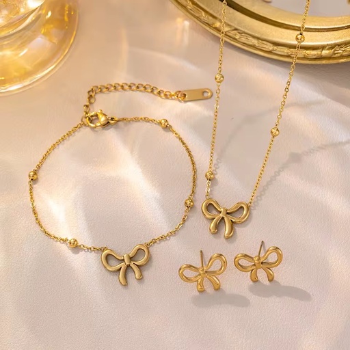 TZ032 Bow Jewelry Set - Matching Necklace, Bracelet & Stud Earrings in Gold Plated Stainless Steel, Elegant Gift for Her