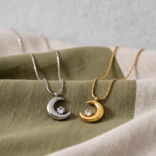 XL170 Women's Dainty Crescent Moon Prong-Set Crystal Pendant Adjustable Stainless Steel Necklace Chain Fashion Jewelry for