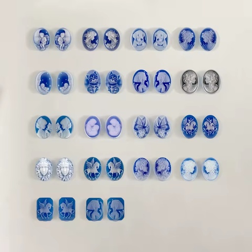 Artificial Agate Cameo 10x14mm Blue Oval 3D Relief Craftsmanship Hand-carved Gemstone for Jewelry Making Wholesale