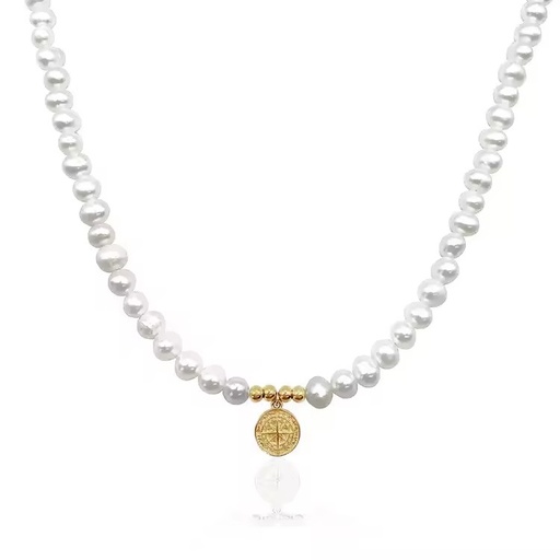 Wholesale Fashion Jewelry Gold Plated Stainless Steel Crucifix Compass Freshwater Pearls Choker Necklaces for Men