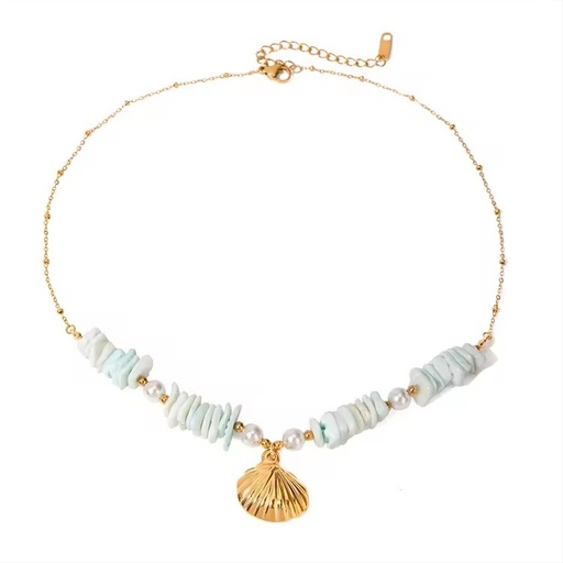18K Gold Plated Boho Style Stainless Steel Jewelry Mint Green Shell Pearl Starfish Pendant Necklace for Women with Link Chain