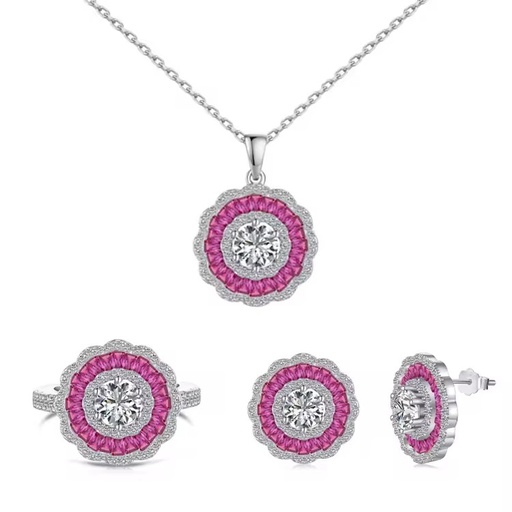 Customized S925 Sterling Silver Iced Halo Oval Ruby Pink CZ Zirconia Pendant Necklace Earring Ring Jewelry Set Silver Engagement