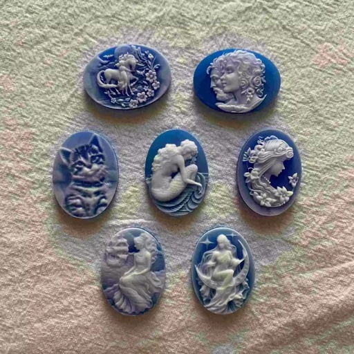 Western Vintage 22x30 30x25 Blue Black Oval Natural Carved Elegant Lady Portrait Animal Flat Back Loose Cameo Gemstone Cabochon