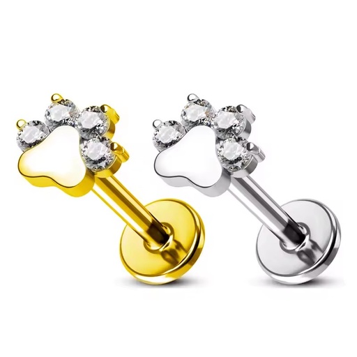Titanium G23 Flat Earrings Lip Ring 16G Spiral Gold Plated Alloy Body Piercing Jewelry Cat Paw Print Design Pearl Inner Thread
