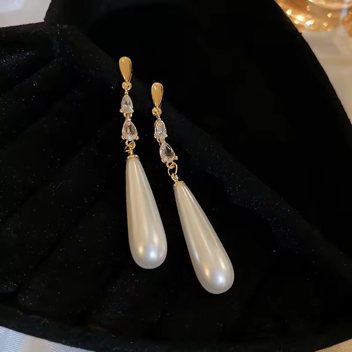 Elegant Teardrop Pearl Dangle Earrings CZ Exquisite Gold Color Plated Long Drop Earrings Wedding Bridal Jewelry for Women Party