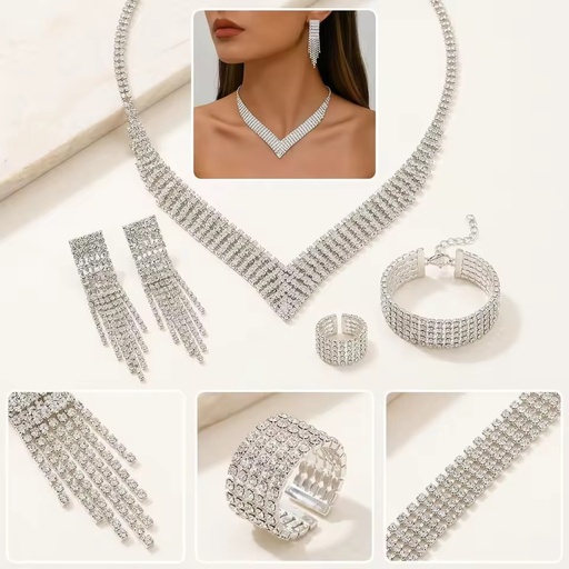 Fashion Luxury Diamond Shining Wedding Jewelry Tennis Tassel Silver studded Earrings Necklaces for Women Gift Set