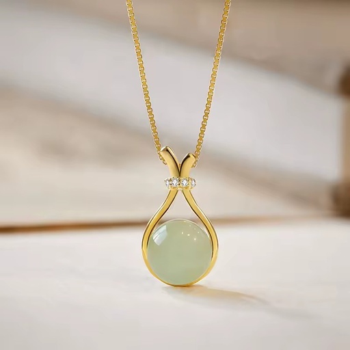 Wholesale Luxury Stainless Steel Clavicle Necklace, Round Bead Fortune Bag Imitation Hetian Jade Minimalist Trendy Women Jewelry