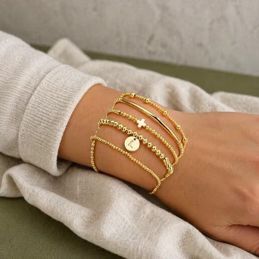 5PCS 18K Gold Plated Stainless Steel Beaded Initial Letter M Women's Dainty Cross Stretch Stackable Bracelets Gift