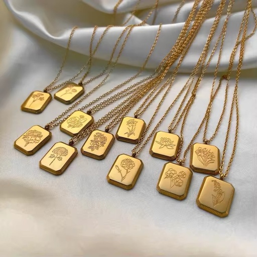Chinese Jewelry Wholesale 18k Gold Plated square Pendant Birth Month Flower Necklace Stainless Steel