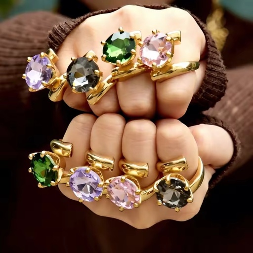 Luxury Waterproof Single Cubic Zircon Cocktail Ring Multi-Color 18K Gold Plated Sparkling Cocktail Ring for Women