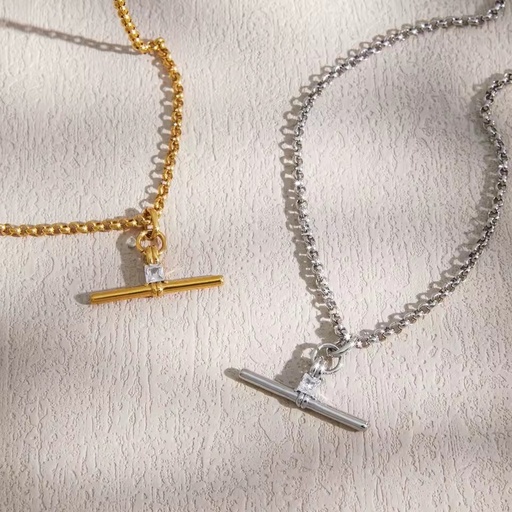 Vintage Stainless Steel Pendant Necklace T Shape Zircon Pendant Necklaces for Women