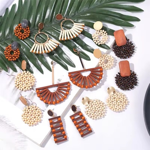 Boho Geometric Woven Wooden Earrings for Women Trend Irregular Vintage Earrings Jewelry