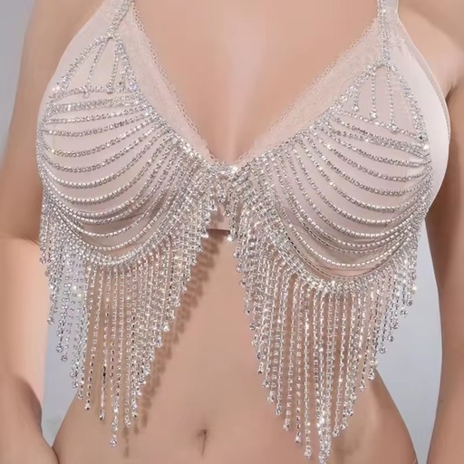 Fashion Ornament Sexy Full Rhinestone Bikini Bra Nightclub Beach Shiny Tassel Body Chains Women