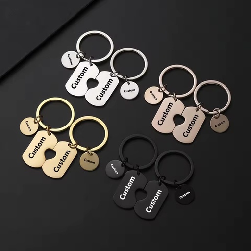 New Fashion Custom Dog Tag Couple Stainless Steel Keychains with Round Piece