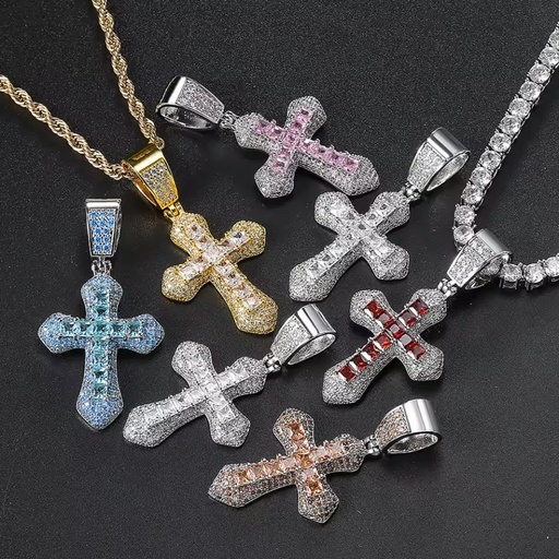 Iced Out Colorful Cross Pendant Rope Chain Gold Plated Hip Hop Jewelry Gifts 5A CZ Cubic Zirconia Charm Necklace for Men Women
