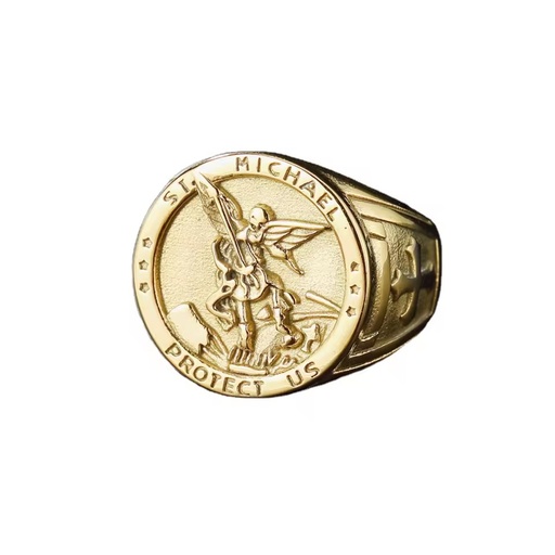 Hip Hop Round Coin Design Gold Archangel Medal St Michael Catholic Jewelry Ring Stainless Steel 18k Gold Men Ring