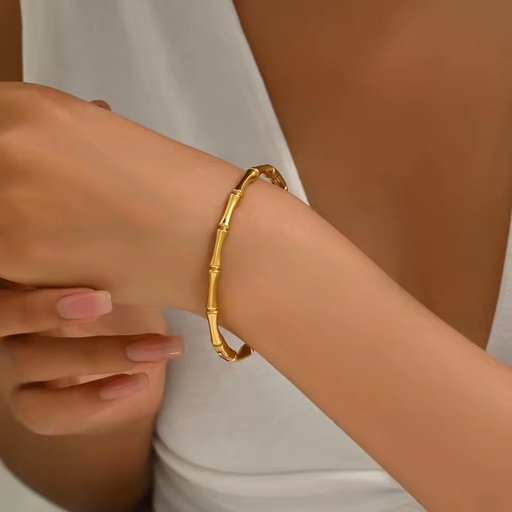 Women 18K Gold Plated Bamboo Style Bangle Bracelets Dainty Stainless Steel Jewelry Gifts Hidden Safety Clasp Open Clasp Bangle