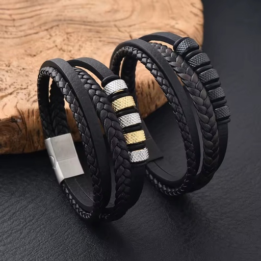 High Quality Classic Men Bracelet Bangle Stainless Steel Custom Logo Black Leather Braided Multi-Layer Genuine Leather Bracelet