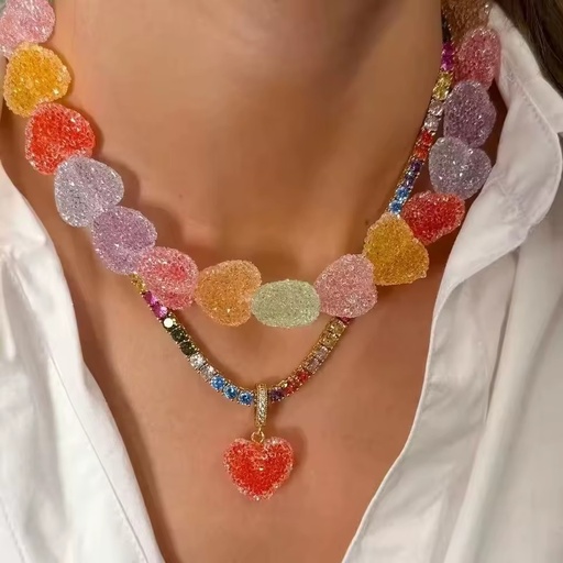 Stylish Colorful Gold Candy Charm Heart Pendant Necklace Earrings & Bracelet Set Trendy Wedding Fashion Jewelry for Women