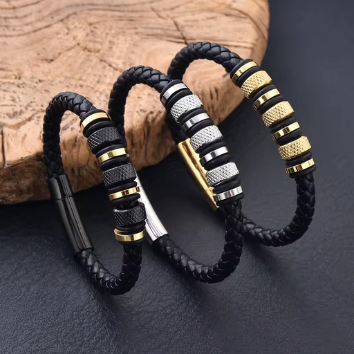 Trendy Fashion Bangles Genuine Leather Braided Bracelet Magnetic Clasp Mens Woven Stainless Steel Leather Bracelet
