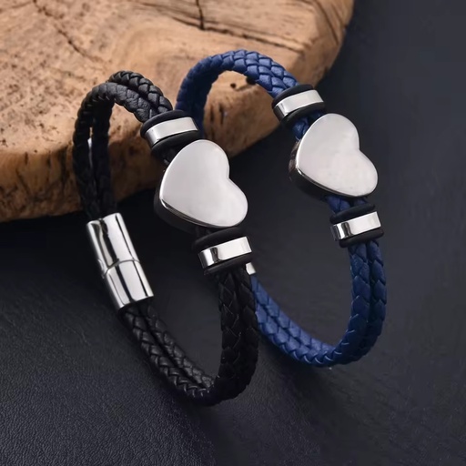 Trendy Black Blue Leather & Stainless Steel Strand Bracelet for Men&women Heart Couple Bracelet Waterproof Gift