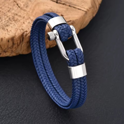 Fashion Classic Stainless Steel Buckle Blue Genuine Leather Men's Bracelet for Birthday Party Jewelry Bangle Gifts