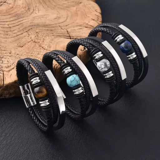 Wholesale Jewelry Stainless Steel Magnetic Clasp Natural Stone Genuine Leather Bracelet for Men