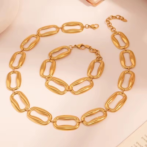 Women's Simple Geometric Hollow Shape Stainless Steel PVD Gold Plated Bracelet Necklace for Daily Wear Gift & Party Jewelry Set