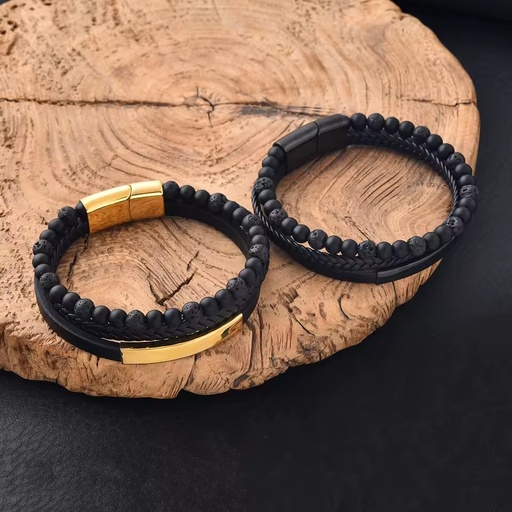 Oem logo OEM Wholesale Gold Black Plated Stainless Steel Men's Woven Natural Stone Genuine Leather Magnetic Bracelet
