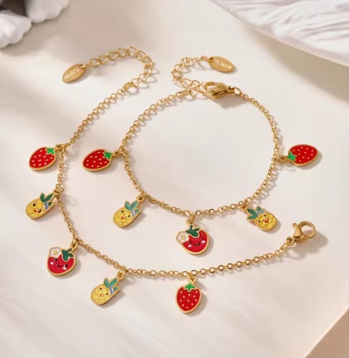 Fashion 18K Gold Plated Stainless Steel Oil Droplet Process Jewelry Set Strawberry Pineapple Fruit Pendant Necklace Bracelet