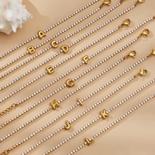 Wholesales Classic Style Gold Plated Stainless Steel White Rhinestone Chain Tennis Letter Bracelets for Women Gift