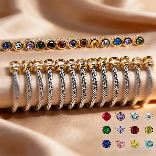 Stainless Steel Bracelet Trendy Zircon Birthstone Open Twist Bangle Jewelry for Women Wedding & Anniversary Birthday Gift