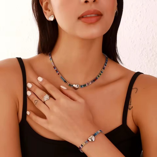 Colorful Square Zircon Inlaid Glossy Heart Necklace Niche Versatile 4pcs Jewelry Set