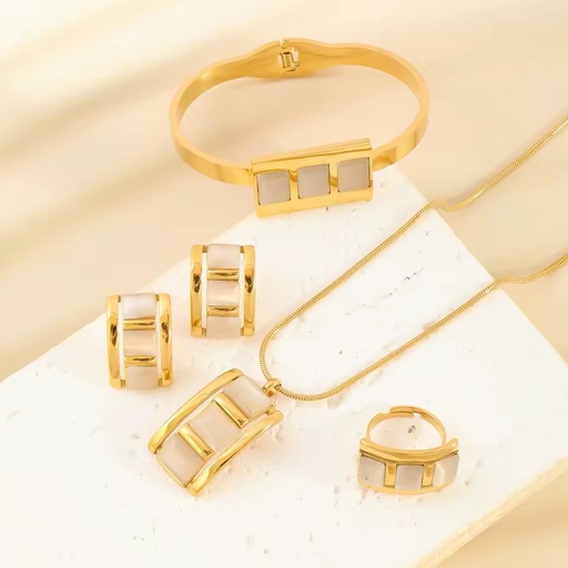 Stainless Steel Set Geometric Square Cat Eye Necklace Bracelet Earrings Ring Titanium Steel Four Pieces Set