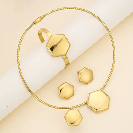 Fashionable Simple Geometric Gold Plated Necklace Bracelet Earring Ring Set Stainless Steel Jewelry Set Accessories Gift