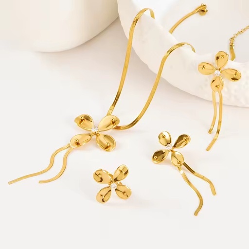 Stainless Steel Set - New Fashionable High-End Flower Tassel Necklace Earrings Rings Titanium Steel Set